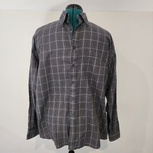 Men's Large 42/44 Grey Button Down Wrinkle Free Shirt Top Business Check Casual